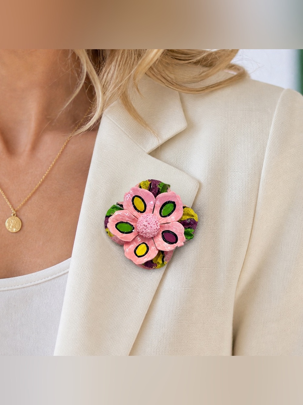 VTG 60s/70s Mod Flower Brooch - Marked JAPAN - Pink Yellow Statement Pin